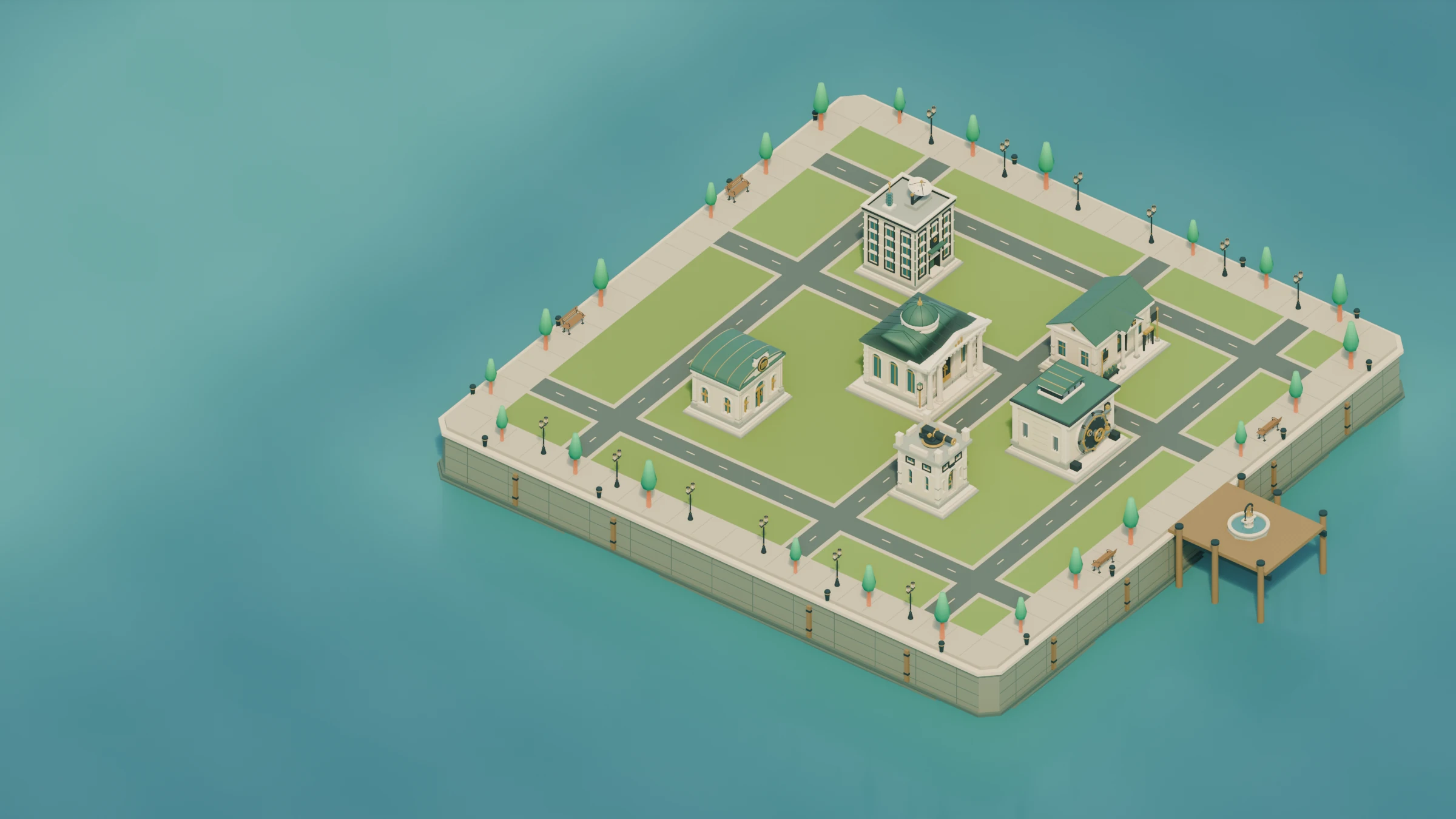 Clash of Cash waterfront district, with limestone buildings, copper roofs, defenses and pier