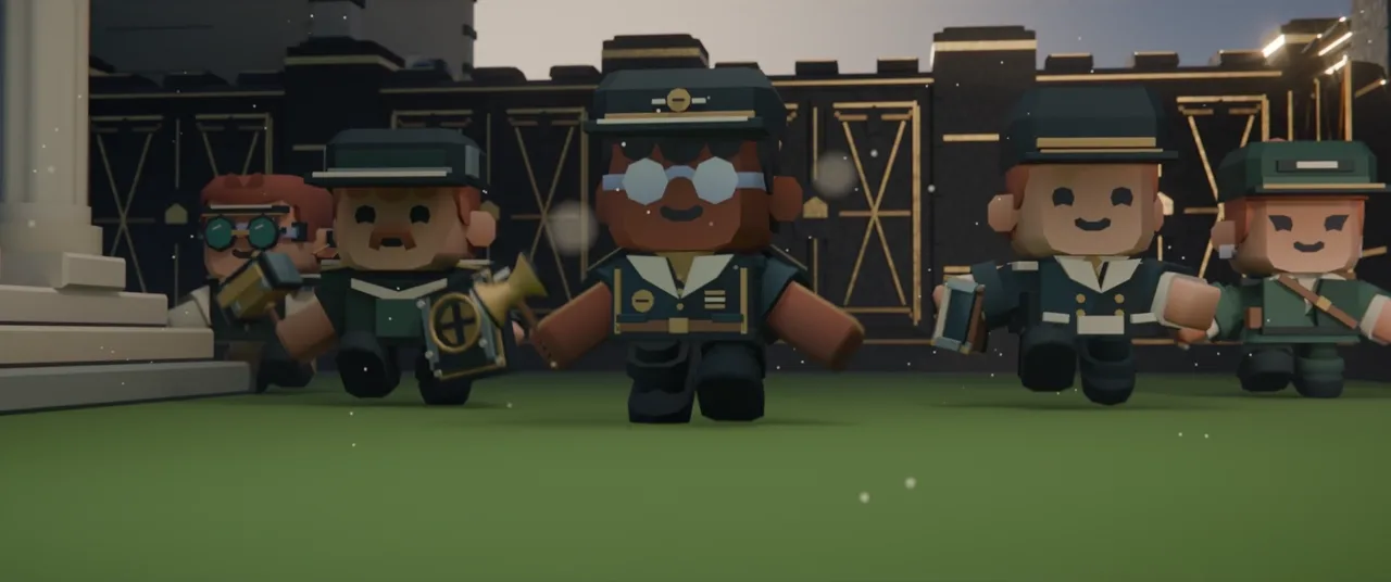 The Floor Captain and his crew walking through the Exchange colonnade at dawn, from the Clash of Cash cinematic trailer